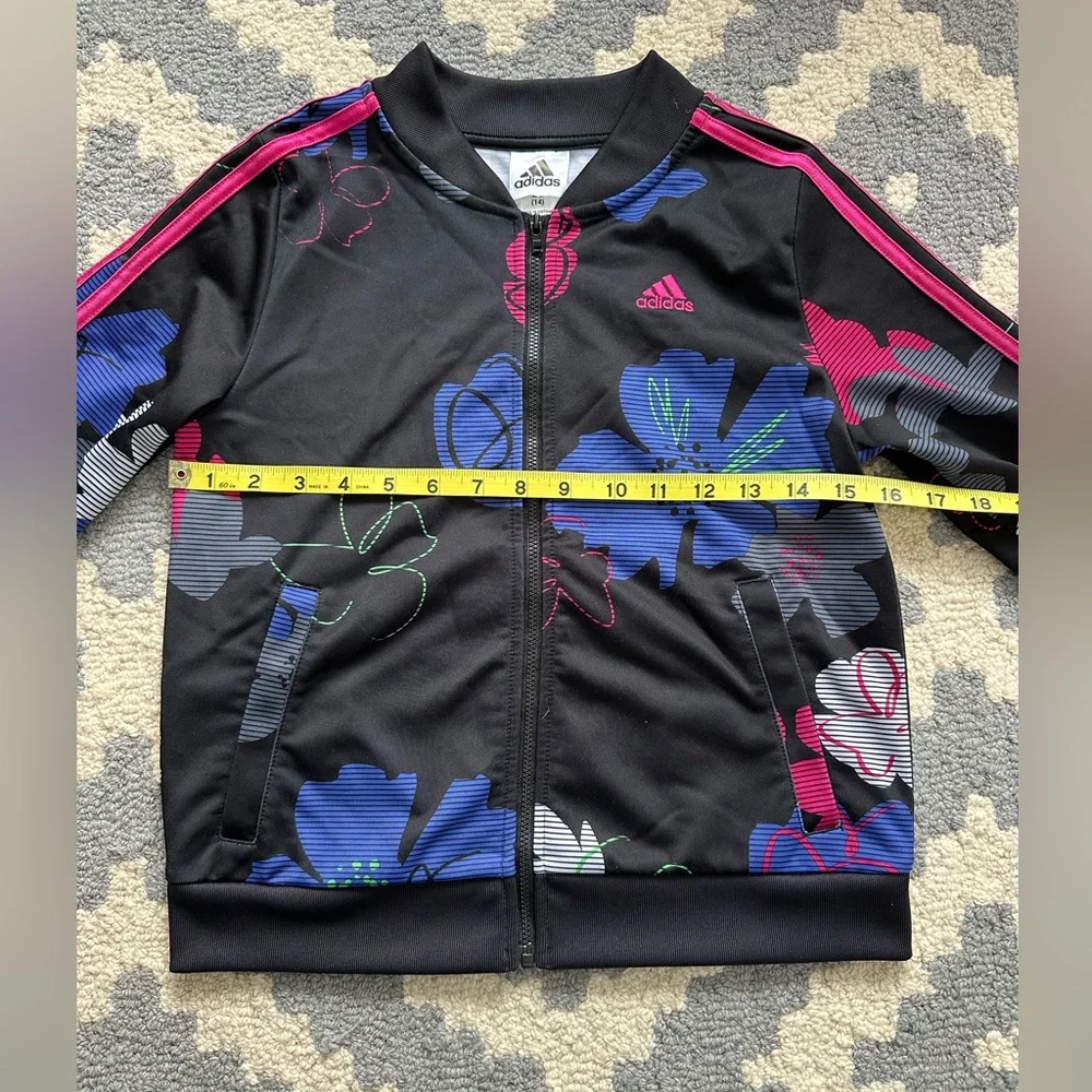 Adidas Kids Black Floral Jacket with Pink and Blue Accents